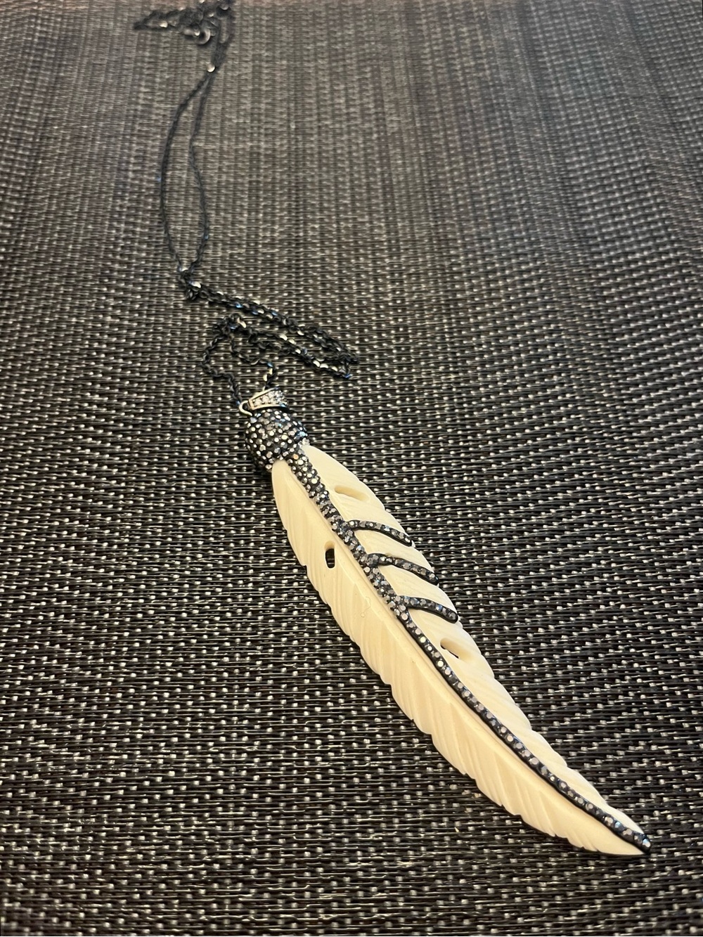 Ivory Bone Feather Encrusted Pendant Necklace